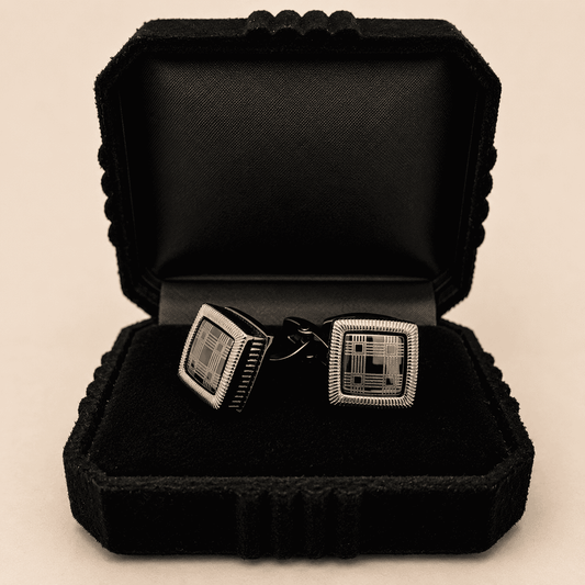 Obsidian Grid Cufflinks detail – scratch-resistant gunmetal grid inlay by CuffCraft.pk
