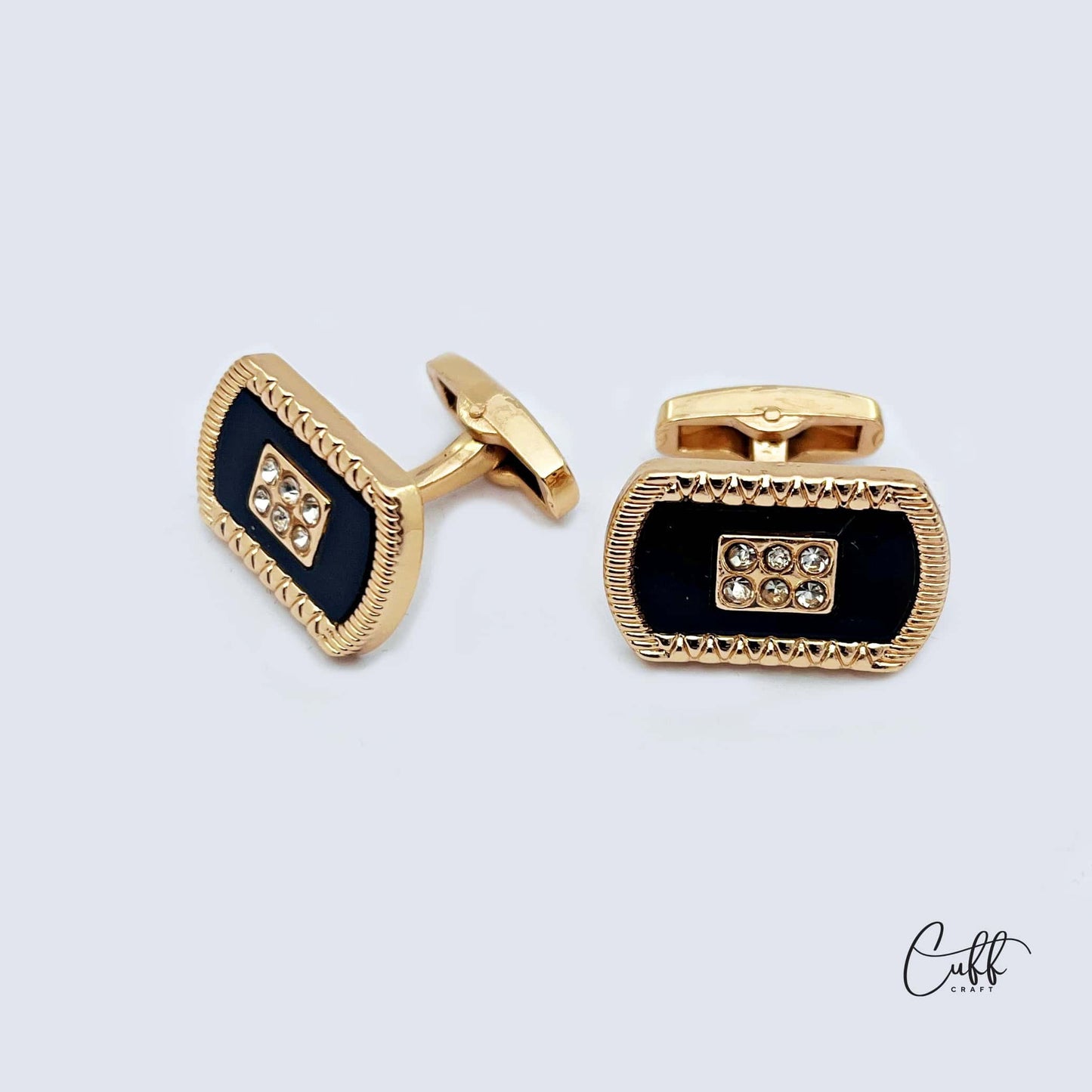 Regal Noir Cufflinks detail – crystal accents on deep black enamel by CuffCraft.pk