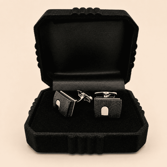 Eclipse Edge Cufflinks close-up – glossy black pattern with silver accents by CuffCraft.pk