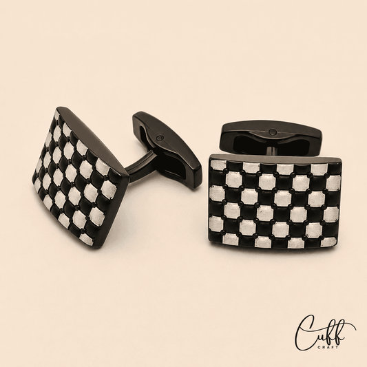 Midnight Grid Cufflinks – black and silver geometric grid cufflinks for business and formal wear