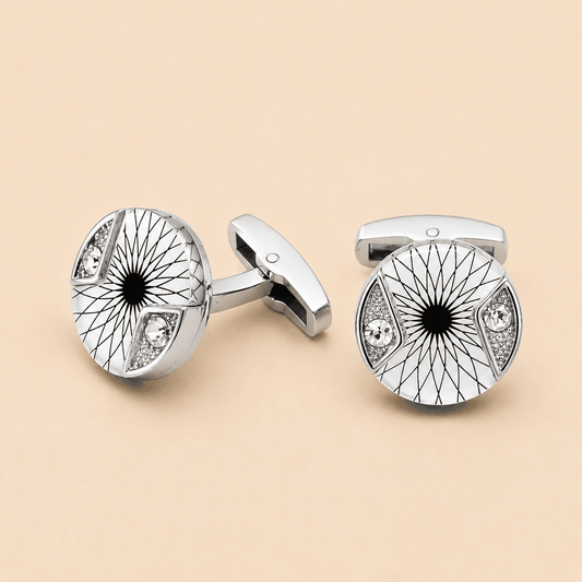Stellar Nova Cufflinks – silver starburst cufflinks with crystal embellishments for weddings