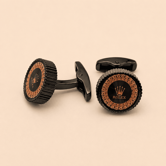 Crown Bezel Cufflinks – stainless steel golden-brown pattern cufflinks for formal occasions