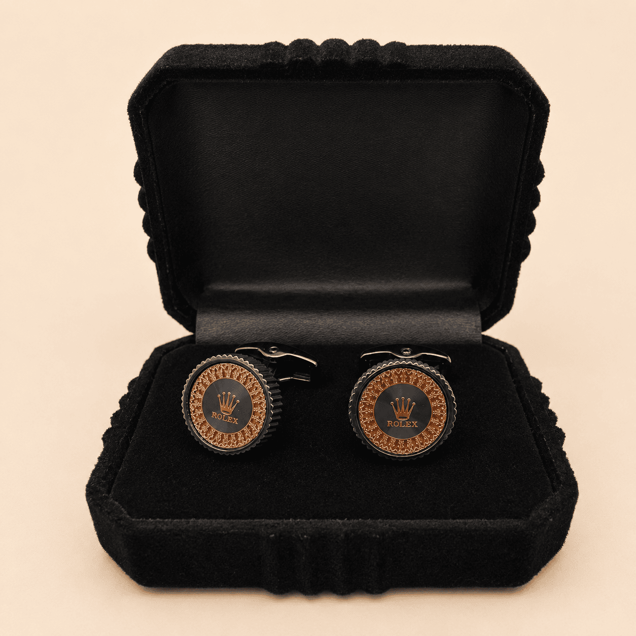 Crown Bezel Cufflinks close-up – glossy golden-brown with black accents by CuffCraft.pk