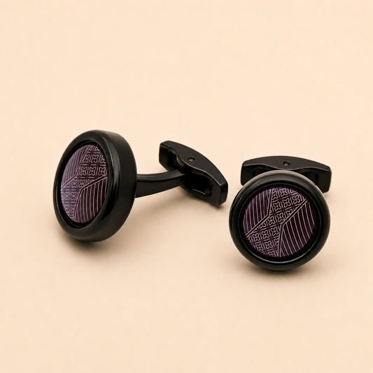 Obsidian Crest Cufflinks – matte black geometric engraved cufflinks for formal events