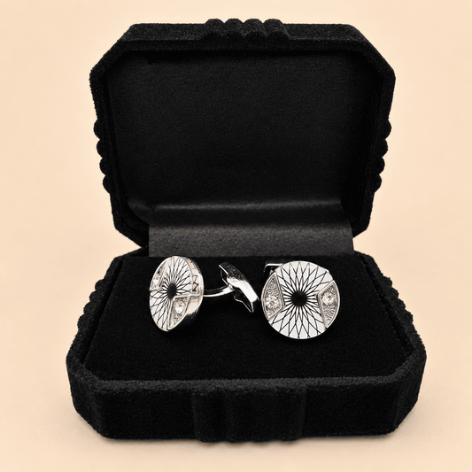 Stellar Nova Cufflinks detail – crystal-set silver starburst design by CuffCraft.pk