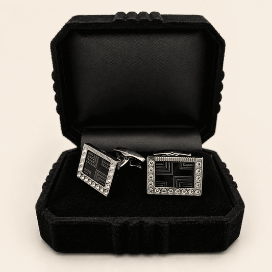 Silver Dominion Cufflinks close-up – scratch-resistant black inlay by CuffCraft.pk