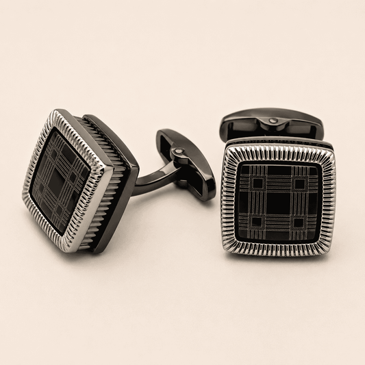 Obsidian Grid Cufflinks – gunmetal chrome silver grid cufflinks for business formal wear