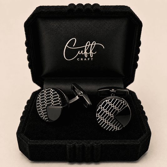 Hexa Noir Cufflinks close-up – gunmetal finish geometric enamel design by CuffCraft.pk
